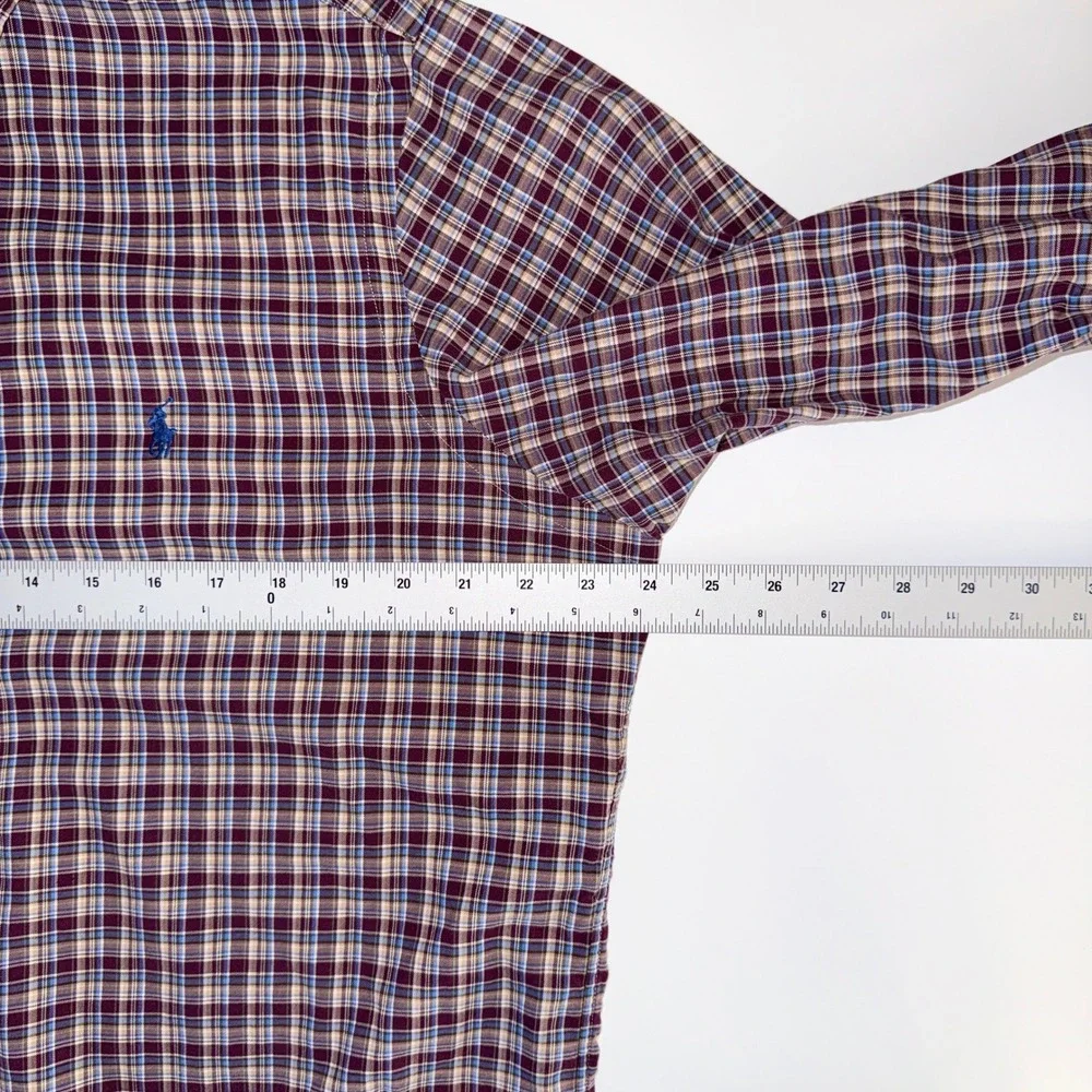 Ralph Lauren Mens L Plaid Button Down‎ Shirt Burgundy Blue Long Sleeve Pony Logo